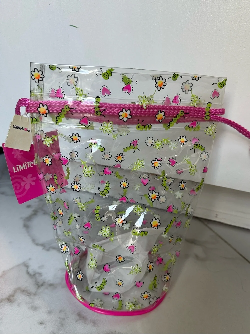 Limited Too Clear Floral Drawstring Bag with Hot Pink Accents